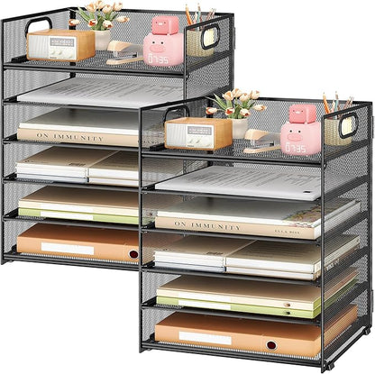 Subekyu 2-Pack 6-Tier Paper Tray Organizer for Desk - Black Mesh File Folder Sorter with Handles, Desk Letter Holder for Office, Home, School Supplies Storage & Organization