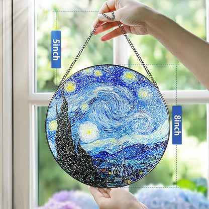 Stained Glass Window Hanging, Pauyadu Van Gogh Starry Night Sun Catchers, Stained Glass Suncatcher, Starry Night Decor Gifts for Her, Women, Art Lover, Friend - 8 Inch