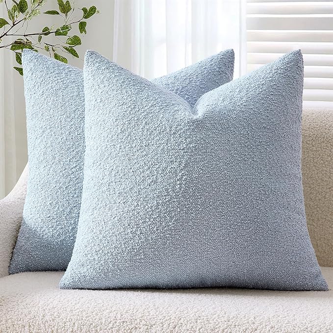 ANRODUO Pack of 2 Textured Boucle Throw Pillow Covers Soft Light Blue Euro Decorative Accent Solid Pillow Cases Cozy Modern Couch Cushion Case for Bed Sofa Bedroom Living Room Home Decor, 26 x 26 Inch