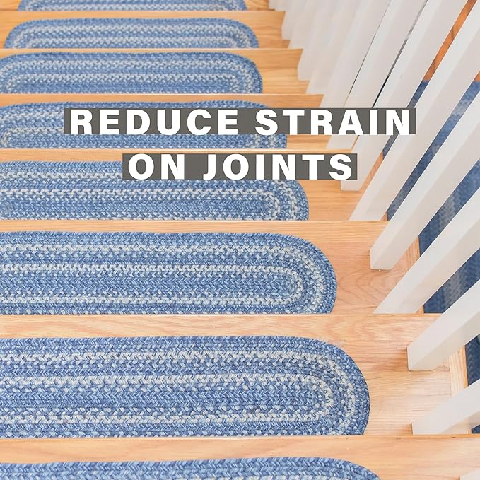 Homespice Denim Jute Braided Stair Treads for Wooden Steps, Country Coastal Decor, Set of 13, Blue 8x28 Rectangle Rugs for Stairs - Easy to Clean, Tightly Stitched and Durable