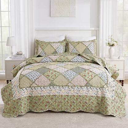 King Size Patchwork Quilt Set Green Floral Reversible Quilted Bedspread Coverlet Set 3-Piece Comforter Lightweight Stitched Quilt Bedding Set Bed Cover Blanket with 2 Pillow Shams for All Seasons