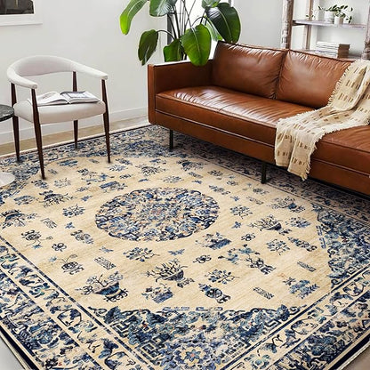 Area Rug 6'x9' Washable Vintage Traditional Floor Cover Thin Retro Kitchen Indoor Distressed Non Slip Carpet for Living Room Bedroom Dining Room