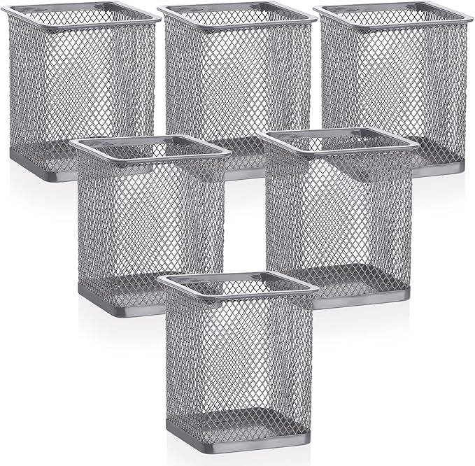 Segarty Pen Cup Holder, 6 Pack Square Silver Pen Holder for Desk, Multifuntional Mesh Pencil Cups Containers for Marker, Office Supplies, School Students, Home Desktop, Brush Organizer