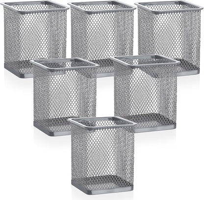 Segarty Pen Cup Holder, 6 Pack Square Silver Pen Holder for Desk, Multifuntional Mesh Pencil Cups Containers for Marker, Office Supplies, School Students, Home Desktop, Brush Organizer