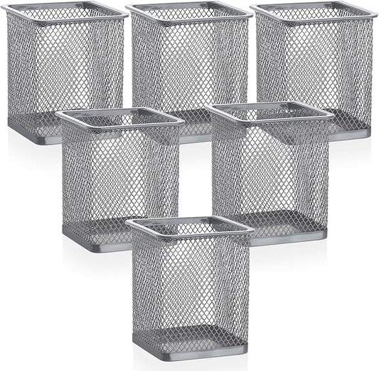 Segarty Pen Cup Holder, 6 Pack Square Silver Pen Holder for Desk, Multifuntional Mesh Pencil Cups Containers for Marker, Office Supplies, School Students, Home Desktop, Brush Organizer