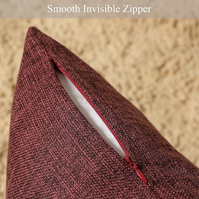 Stellhome Burlap Large Throw Pillow Covers Textured Farmhouse Linen Pillowcase for Bed Couch Sofa Bench Rustic Pillows Neutral Accent Cushion Cases Set of 2, 24 x 24 inch (60 x 60 cm), Burgundy