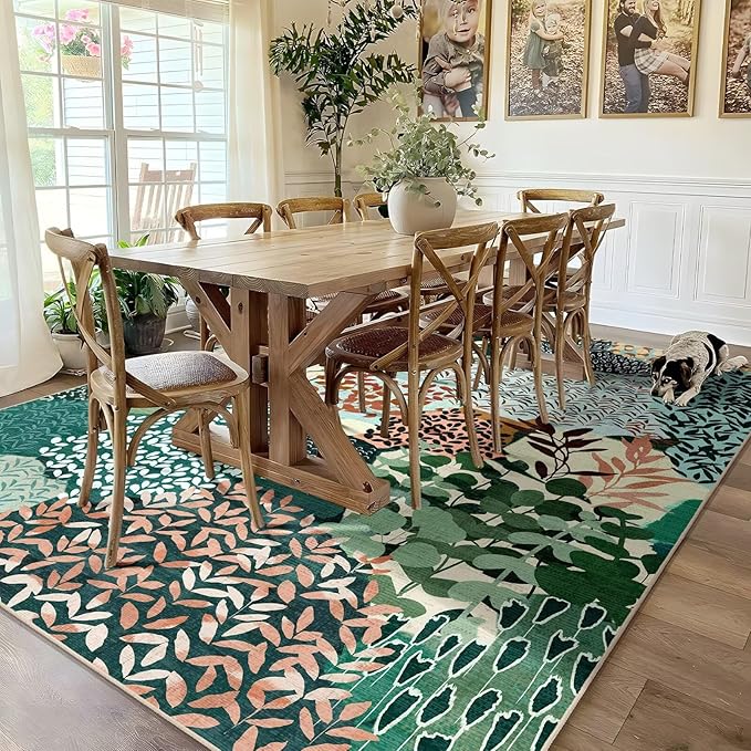 DEXDE Large Area Rugs 9x12 for Living Room, Floral Washable Rug Boho Print Vintage Low Pile Non Slip Carpet for Bedroom Kids Room Nursery Office Dinning Room, Dark Green