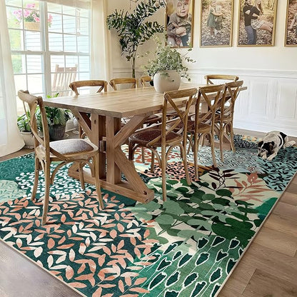 DEXDE Large Area Rugs 9x12 for Living Room, Floral Washable Rug Boho Print Vintage Low Pile Non Slip Carpet for Bedroom Kids Room Nursery Office Dinning Room, Dark Green
