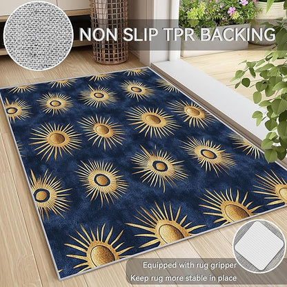 Sun Rug for Kids Room - Abstract Sun Rug, 4x5 Rug, Minimalist Boho Area Rug & Room Decor, Gold Navy Blue Carpet & Home Decor, Washable Non Slip Anti Skid Rugs