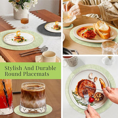 13-Inch Faux Leather Round Placemats Set of 6, Waterproof Anti-Slip Dual Sided Place mats, Heat Resistant Washable Table Mats with Coaster, Suitable for Indoor & Outdoor (6, Black Light Green)