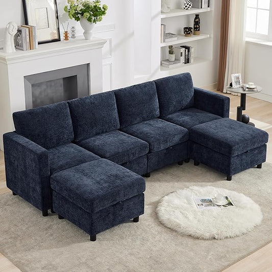 107'' Modular Sectional Sofa Convertible U Shaped Sofa Couch Set with Storage for Living Room, Modern 6 Seater Modular Sectional Couch with Movable Ottoman, Chenille Navy