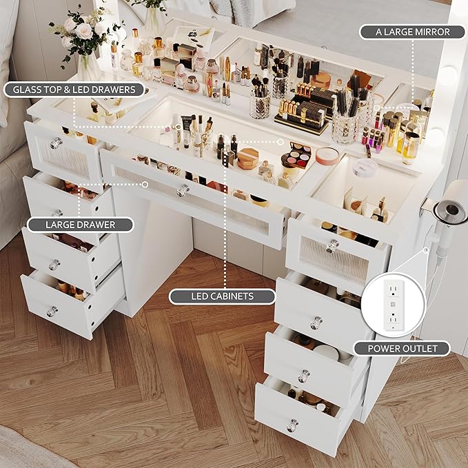 Makeup Vanity Desk with LED Lights and Large 36.9’’ Mirror, 9 Drawers Vanity with Glass Top & 3 Color Hollywood Bulbs, Make Up Vanity with Charging Station & Crystal Knobs for Woman, White