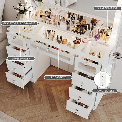 Makeup Vanity Desk with LED Lights and Large 36.9’’ Mirror, 9 Drawers Vanity with Glass Top & 3 Color Hollywood Bulbs, Make Up Vanity with Charging Station & Crystal Knobs for Woman, White