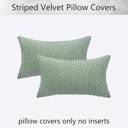 Kevin Textile 2 Packs Spring Decorative Lumbar Throw Pillow Covers 12x20 Inch for Living Room Couch Bed Sofa Soft Striped Corduroy Rectangle Cushion 30x50 cm Farmhouse Boho Decor Sage Green