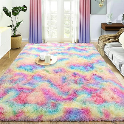 Ultra Fluffy Area Rugs for Living Room Bedroom, 6x9 Fuzzy Large Living Room Rugs, Thick Shag Rug for Dorm, Soft Non Slip Kids Girls Boys Rug for Home Decor Aesthetic, Rainbow