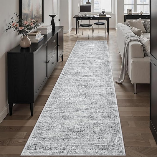 Runner Rug 2'6" x 10' Washable Non-Slip Runner Rugs for Kitchen Bathroom Laundry Room Vintage Ultra Thin Runners for Hallway Entryway Grey