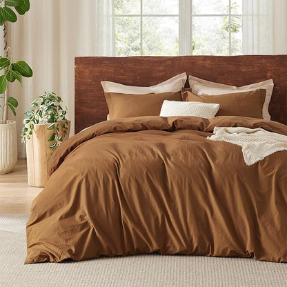 Bedsure 100% Washed Cotton Duvet Cover Queen Size - Hazelnut Brown Minimalist Cotton Duvet Cover Linen Like Breathable - GentleSoft™ Plain Simple Bedding (Hazelnut Brown, Queen, 90"x90")