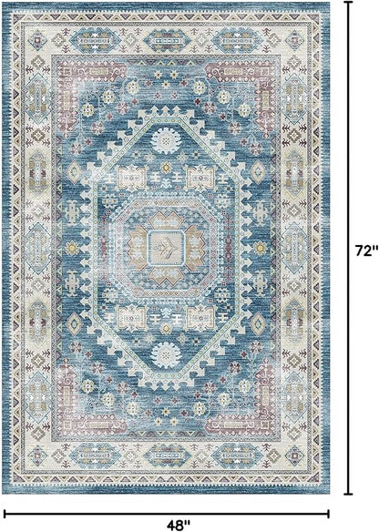 vivorug 4x6 Rug, Small Area Rug for Living Room, Bedroom, Kitchen, Machine Washable Non-Slip Throw Rug, Vintage Distressed Medallion Carpet for Entryway Nursery Dinner Room - Durable (Blue)