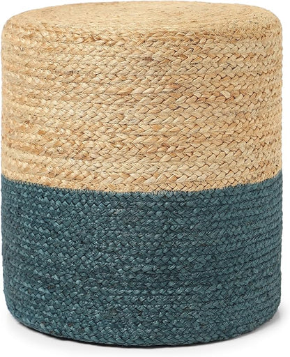 REDEARTH · Cylindrical Pouf Foot Stool Ottoman - Jute Braided Pouffe Poof Accent Sitting Footrest for Living Room, Bedroom, Nursery, Patio, Lounge Set of 2 (Natural Teal, 14.5"X14.5"X16")