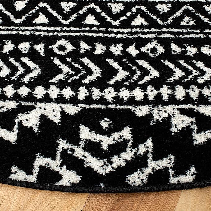 SAFAVIEH Tulum Collection Area Rug - 12' Round, Black & Ivory, Moroccan Boho Tribal Design, Non-Shedding & Easy to Clean, Ideal for Living Room, Bedroom, Dining Space (TUL272Z)