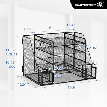 SUPEASY 5-Tier Mesh Desk Organizer with File Holder & Bookends, Metal Paper Letter Tray Organizer with 2 Pen Cups, Large-Capacity Desktop File Sorter for Home Office/School, Black