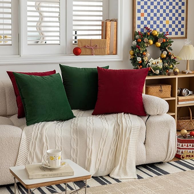 FEVERQIYI 18x18 Velvet Pillow Covers Set of 2 Christmas Red Decorative Square Throw Pillowcase Soft Solid Cushion Covers for Bedroom Living Room Outdoor Indoor Decoration