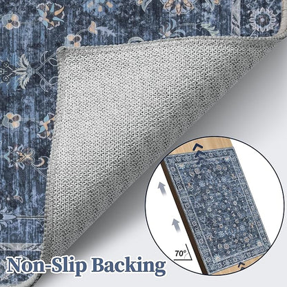 Tangsoo 5x7 Blue Area Rug for Bedroom Living Room, Washable Vintage Floral Rug Non Slip, Low Pile Stain Resistance Distressed Retro Indoor Boho Carpet for Laundry Farmhouse Dinning Room Mat Home Decor