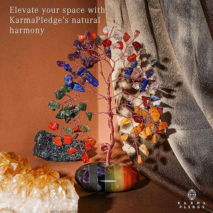 Crystal Tree of Life Home and Office Feng Shui Decor, 7 Chakara Healing Crystal Handmade Bonsai Tree for Positive Energy, Good Luck, Money, Christmas Decor, Birthday Gifts for Women, Mom