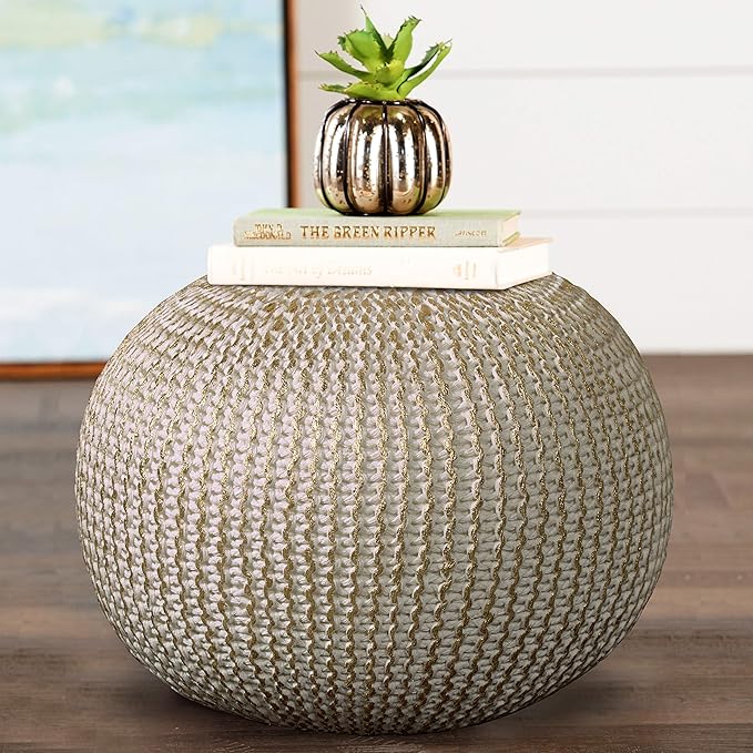 LR Home Gold/Beige Cableknit All-Natural Cotton Round Ottoman for Home Décor | Hand-Made Farmhouse Foot Rest for Bedroom & Living Room | 20 x 20 x 16 Stuffed Pouf for Seating