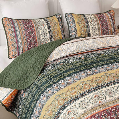 WONGS BEDDING Boho Queen Quilt Set, Green and Orange Bohemian Quilt Bedding Set, Fall Lightweight Bed Decor Bedspread for All Season Reversible Microfiber Coverlet Bedding Set 96"x90"(3 Pieces)