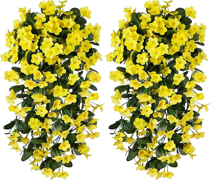 Artificial Faux Hanging Plants Flowers for Outdoor Winter Christmas Decor, 2 PCS Fake Silk Yellow Daisy Long Vines Orchid UV Resistant Realistic Mums for Outside Home Porch Patio Balcony Planter