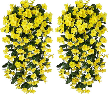 Artificial Faux Hanging Plants Flowers for Outdoor Winter Christmas Decor, 2 PCS Fake Silk Yellow Daisy Long Vines Orchid UV Resistant Realistic Mums for Outside Home Porch Patio Balcony Planter