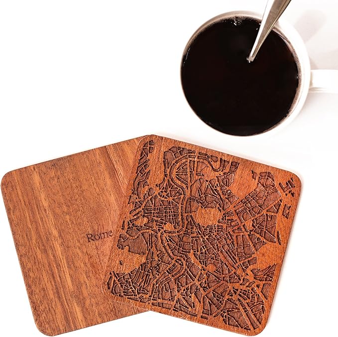 Rome Map Coaster by O3 Design Studio, Set Of 4, Sapele Wooden Coaster With City Map, Handmade