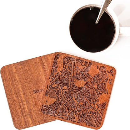 Rome Map Coaster by O3 Design Studio, Set Of 4, Sapele Wooden Coaster With City Map, Handmade
