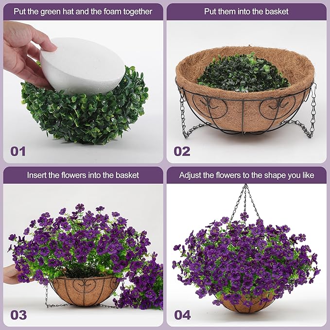 Artificial Fake Hanging Plants Flowers Basket Outdoors Outside Summer Decor, Hanging Planter with Faux Silk Daisy Flower Realistic UV Resistant for Porch Front Patio Balcony Garden Yard Spring（Purple）