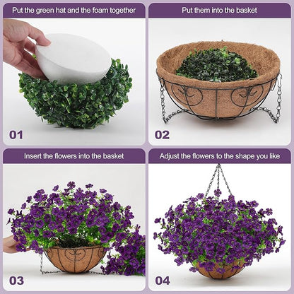 Artificial Fake Hanging Plants Flowers Basket Outdoors Outside Summer Decor, Hanging Planter with Faux Silk Daisy Flower Realistic UV Resistant for Porch Front Patio Balcony Garden Yard Spring（Purple）