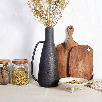 BlossoME Black Vases Home Decor, 13 Inch Tall with Handle, Matte Rustic Pottery Table Vessel, Large Jug Centerpiece, Living Room Modern Decor