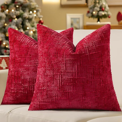 decorUhome Christmas Red Chenille Throw Pillow Covers 22x22 Set of 2 Thick Textured Slubby Couch Pillow Covers Farmhouse Accent Modern Neutral Decorative Pillow Cases for Bed Sofa Living Room