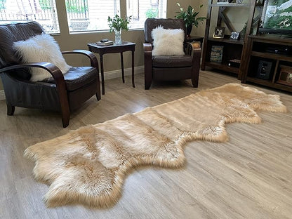 LAMBZY Faux Sheepskin Super Soft Hypoallergenic Silky Shag Rug for Living Room, Kids Room, Sofa (5 Pelts Side by Side 3'x10', Beige)