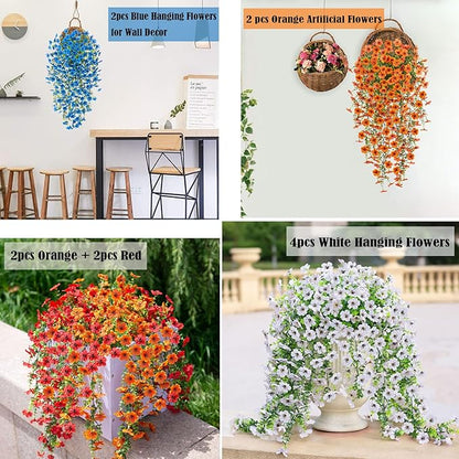 Artificial Hanging Flowers for Outdoors Faux Plants Decoration, 2 Packs Fake Silk Daisy Flower Realistic Outdoor Flowers UV Resistant Porch Patio Window Yard Outside Decor(Red)