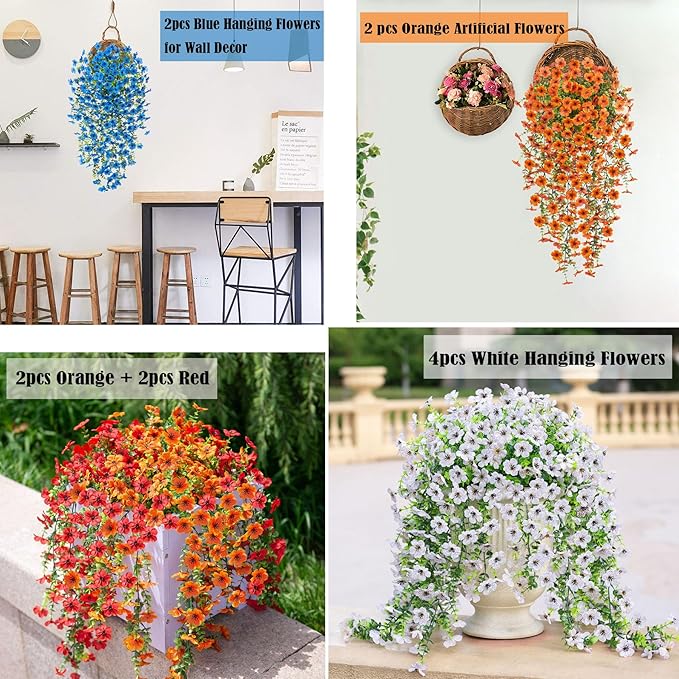 Artificial Hanging Flowers for Outdoors Faux Plants Spring Summer Decoration, 2 Pack Silk Colorful Daisy Realistic Fake Outdoor Flowers UV Resistant Porch Patio Window Yard Decor(Blue)