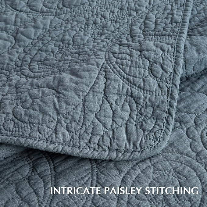 EVERGRACE 100% Cotton Paisley Quilt Set, Queen Size 3 Piece Set – Prewashed Lightweight Bedspread with 2 Shams, Soft & Breathable Matelasse Coverlet for All-Season Comfort, Stormy Blue