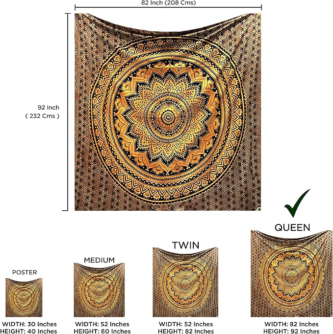 Rajsee Black Gold Mandala Tapestry for Bedroom - Aesthetic Indie Boho Trippy Wall Hanging 82x92 Inches