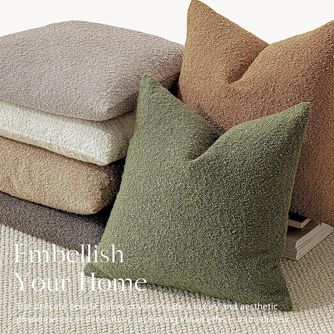 Foindtower Decorative Textured Boucle Throw Pillow Covers Accent Solid Pillow Cases Neutral Soft Cozy Couch Cushion Case for Chair Sofa Bedroom Living Room Home Decor 24 x 24 Inch,Green