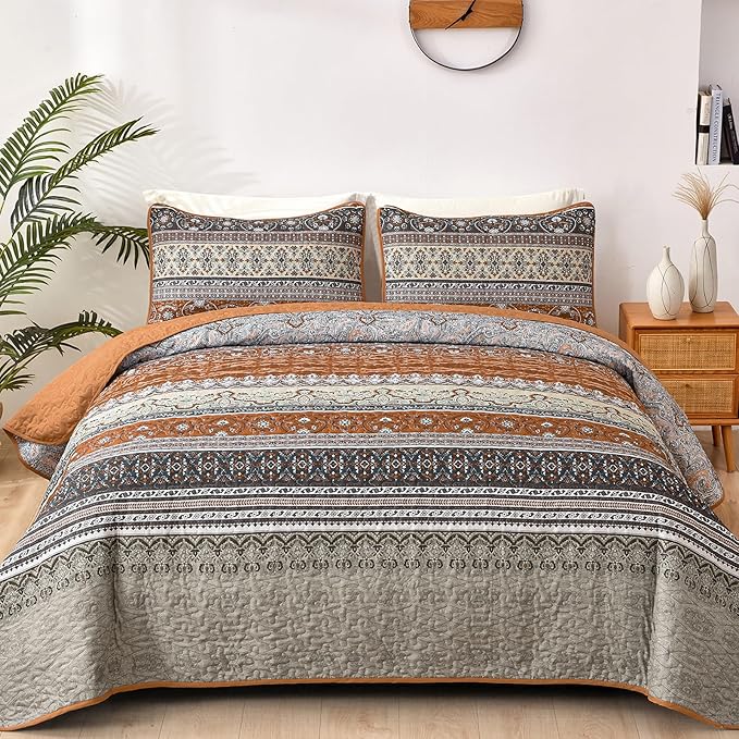 WONGS BEDDING Boho Quilt Set Twin, Brown Grey Bohemian Quilt Bedding Set, Ultra Soft Lightweight Bedspread for All Season Reversible Microfiber Coverlet Bedding Set 68"x86"(2 Pieces)