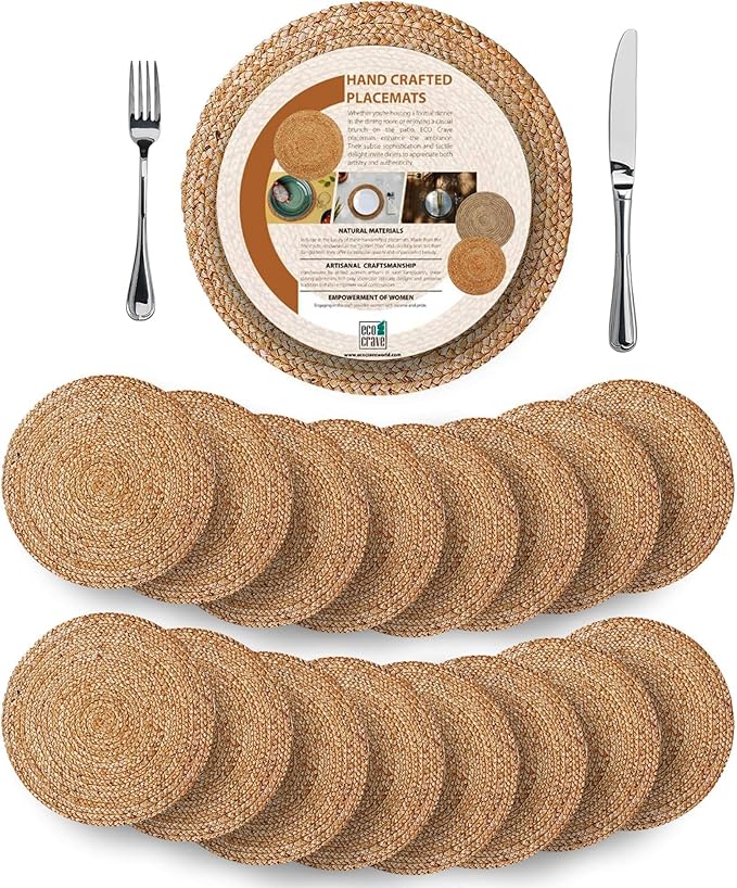 Eco Crave Jute Round Woven Placemats Set of 16, Natural 13 Inch Boho Farmhouse Rustic Hand Woven Place mat for Dining Table Decor, Wicker Chargers Heat Resistant Easy to Clean and Non-Slip Placemat