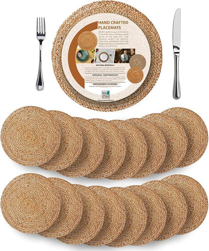 Eco Crave Jute Round Woven Placemats Set of 16, Natural 13 Inch Boho Farmhouse Rustic Hand Woven Place mat for Dining Table Decor, Wicker Chargers Heat Resistant Easy to Clean and Non-Slip Placemat