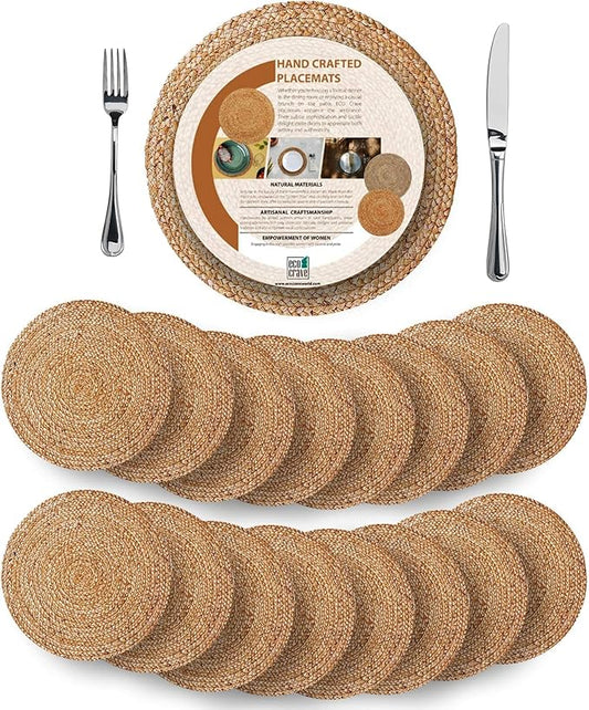 Eco Crave Jute Round Woven Placemats Set of 16, Natural 13 Inch Boho Farmhouse Rustic Hand Woven Place mat for Dining Table Decor, Wicker Chargers Heat Resistant Easy to Clean and Non-Slip Placemat