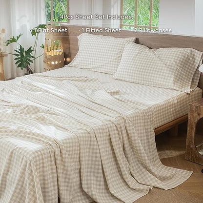 MooMee Gingham Sheet Set 100% Washed Cotton Linen Like Textured Breathable Soft w/Fully Elasticized 16-19" Deep Pocket (Classic Gingham Almond Milk Grey, King)