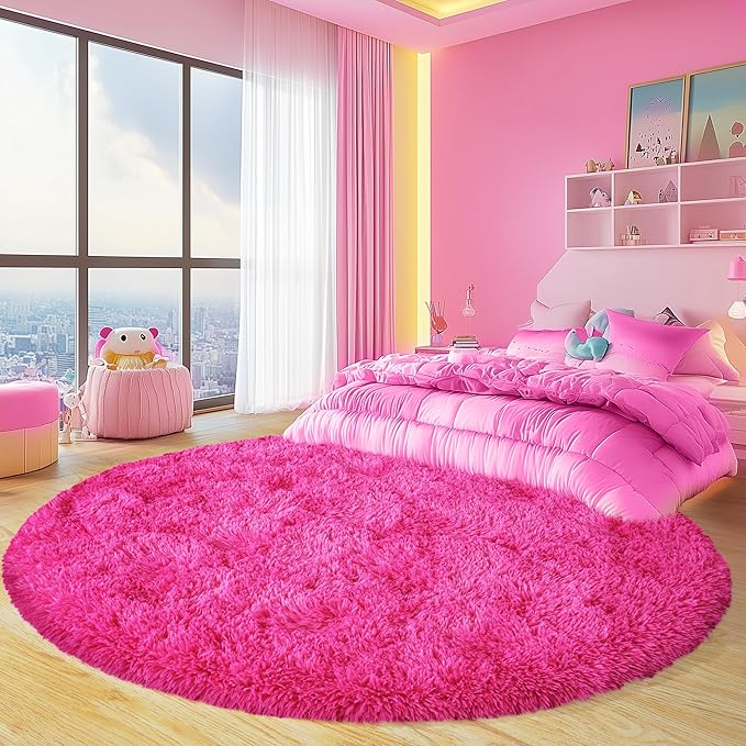 Round Fluffy Rugs 4Ft for Girls Bedroom, Hot Pink Shag Circle Kids Rug Non-Slip for Bedside Dorm Nursery Playroom, Soft Cute Area Rugs for Living Room Decor